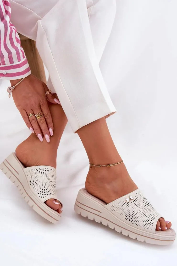 Damskie Buty damskie Vinceza Skórzane Klapki Damskie Na Koturnie Vinceza 41477 Beżowe