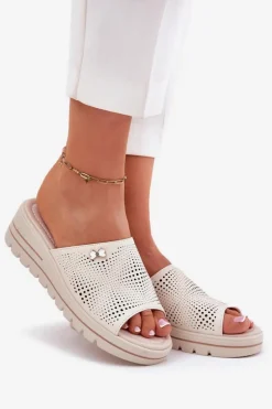 Damskie Buty damskie Vinceza Skórzane Klapki Damskie Na Koturnie Vinceza 41477 Beżowe