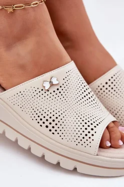 Damskie Buty damskie Vinceza Skórzane Klapki Damskie Na Koturnie Vinceza 41477 Beżowe