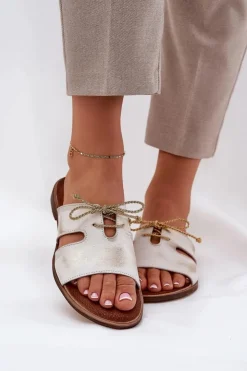 Zazoo Klapki Damskie Klasyczne*Skórzane Klapki Damskie Na Płaskim Obcasie 3022 Przecierany Złoty