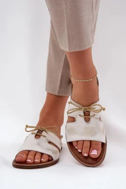 Zazoo Klapki Damskie Klasyczne*Skórzane Klapki Damskie Na Płaskim Obcasie 3022 Przecierany Złoty