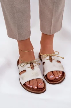 Zazoo Klapki Damskie Klasyczne*Skórzane Klapki Damskie Na Płaskim Obcasie 3022 Przecierany Złoty