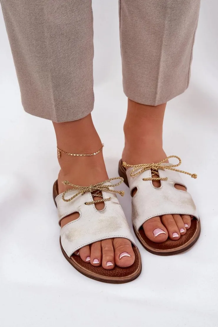 Zazoo Klapki Damskie Klasyczne*Skórzane Klapki Damskie Na Płaskim Obcasie 3022 Przecierany Złoty