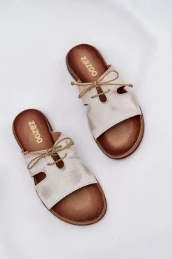 Zazoo Klapki Damskie Klasyczne*Skórzane Klapki Damskie Na Płaskim Obcasie 3022 Przecierany Złoty