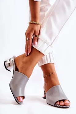 Sale Boto Skórzane Klapki Damskie Na Obcasie Szare Perry