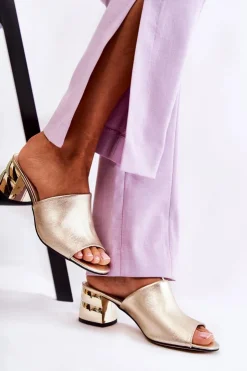 Online Boto Skórzane Klapki Damskie Na Obcasie Złote Perry