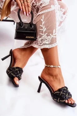 Outlet Boto Skórzane Klapki Damskie Plecione Czarne Sulea