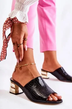 Damskie Boto Skórzane Klapki Damskie Wzór Krokodyl Na Obcasie Czarne Perry