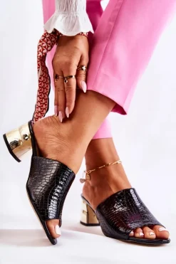 Damskie Boto Skórzane Klapki Damskie Wzór Krokodyl Na Obcasie Czarne Perry