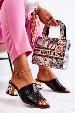 Damskie Boto Skórzane Klapki Damskie Wzór Krokodyl Na Obcasie Czarne Perry