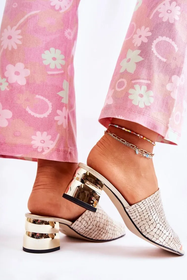 Boto Klapki Na Obcasie|Klapki Damskie Klasyczne*Skórzane Klapki Damskie Wzór Krokodyl Na Obcasie Beżowe Perry