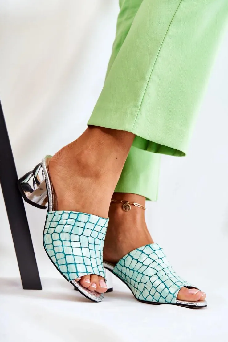 Best Boto Skórzane Klapki Damskie Wzór Krokodyl Na Obcasie Jasnozielone Perry