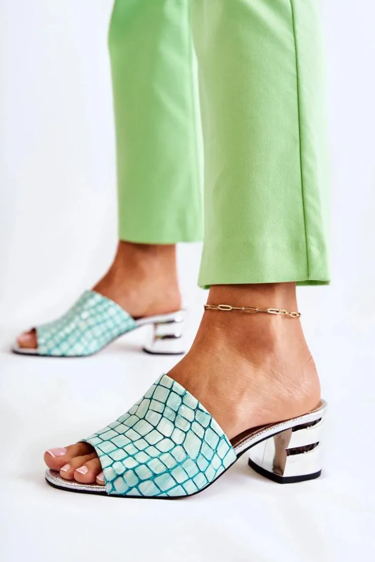 Best Boto Skórzane Klapki Damskie Wzór Krokodyl Na Obcasie Jasnozielone Perry
