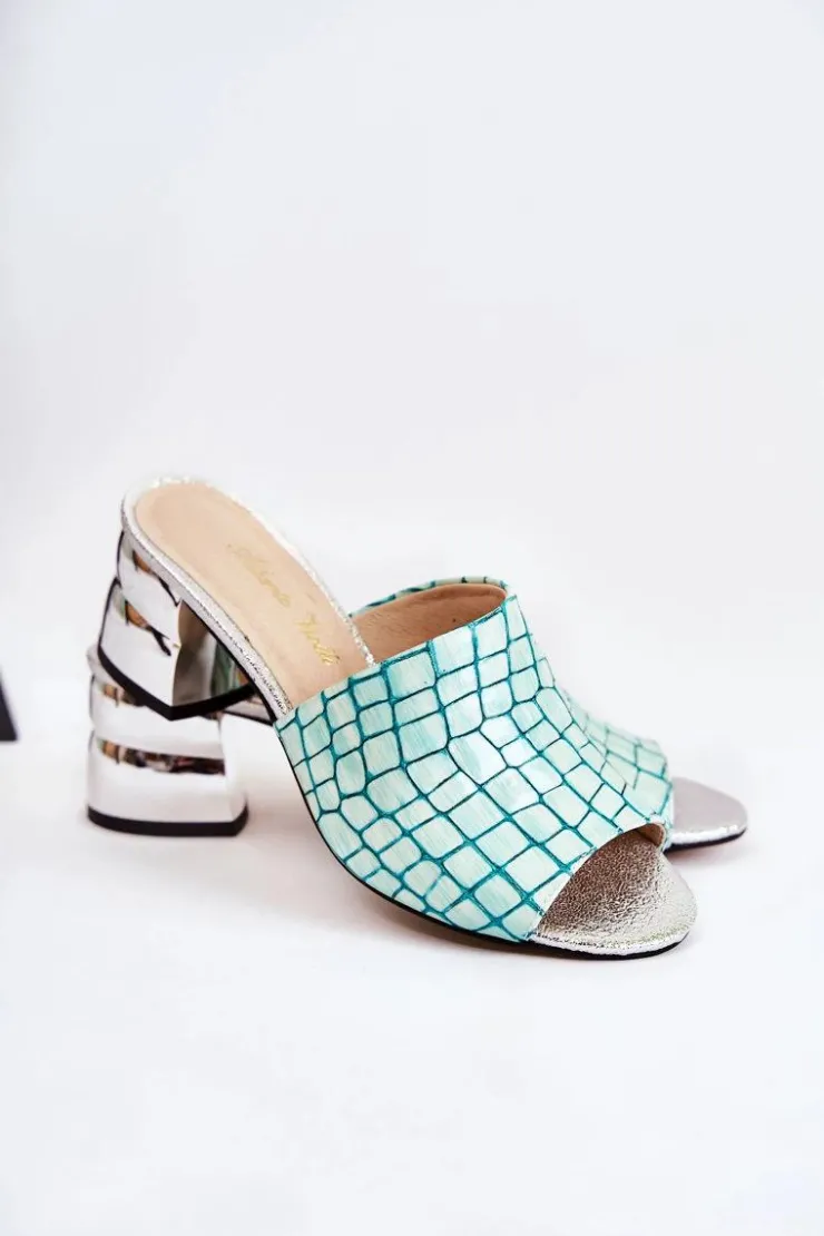 Best Boto Skórzane Klapki Damskie Wzór Krokodyl Na Obcasie Jasnozielone Perry