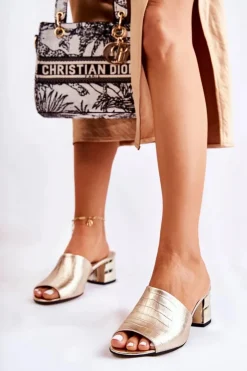 Outlet Boto Skórzane Klapki Damskie Wzór Krokodyl Na Obcasie Złote Perry