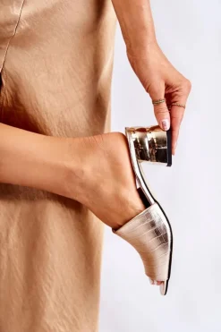 Outlet Boto Skórzane Klapki Damskie Wzór Krokodyl Na Obcasie Złote Perry