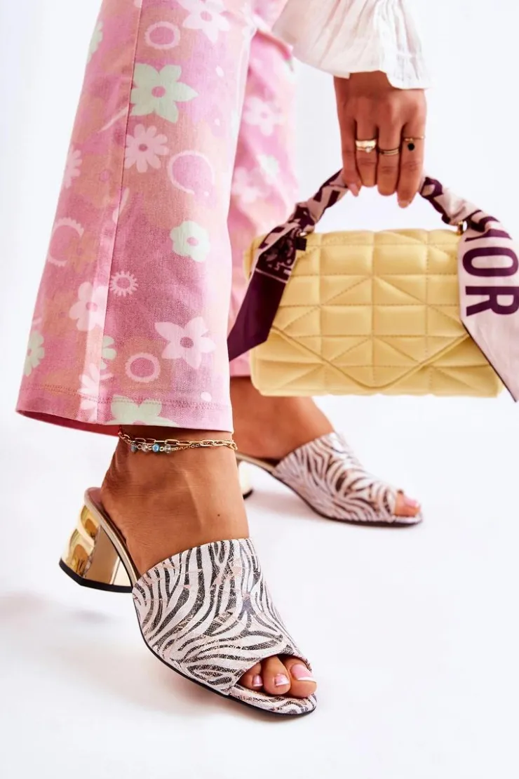 Boto Klapki Na Obcasie|Klapki Damskie Klasyczne*Skórzane Klapki Damskie Wzór Zebra Na Obcasie Różowo-Białe Perry