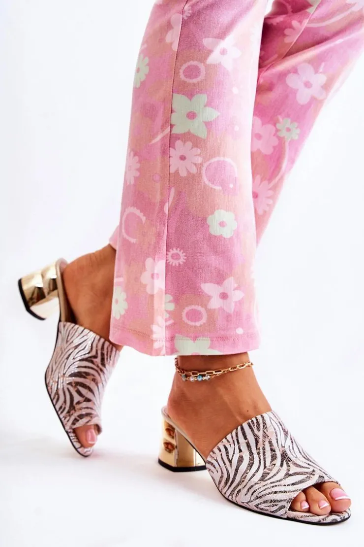 Boto Klapki Na Obcasie|Klapki Damskie Klasyczne*Skórzane Klapki Damskie Wzór Zebra Na Obcasie Różowo-Białe Perry