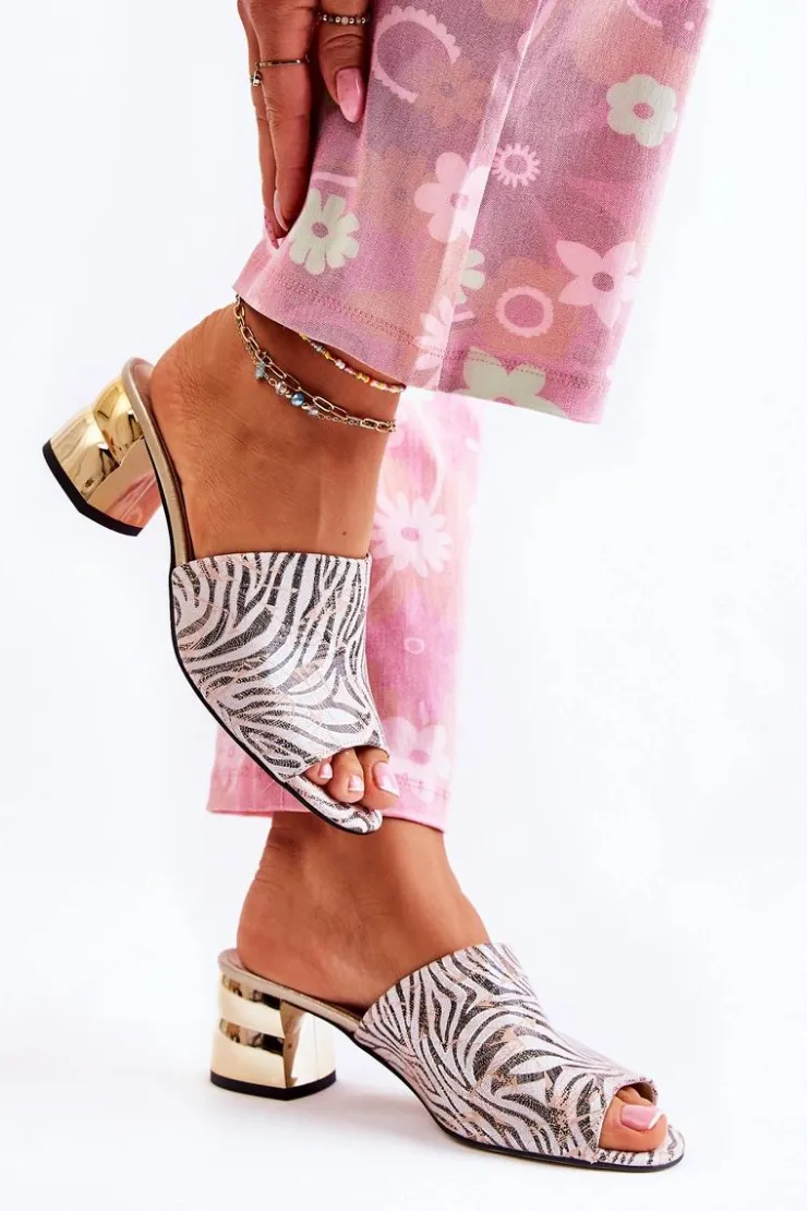 Boto Klapki Na Obcasie|Klapki Damskie Klasyczne*Skórzane Klapki Damskie Wzór Zebra Na Obcasie Różowo-Białe Perry