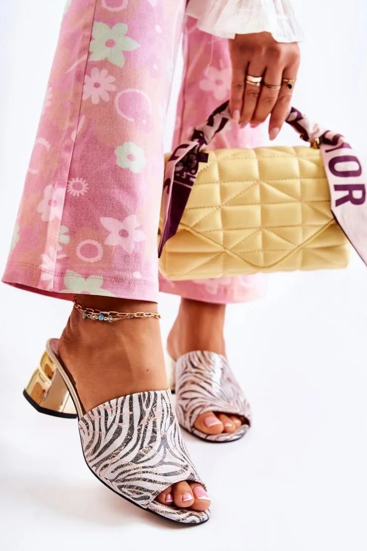 Boto Klapki Na Obcasie|Klapki Damskie Klasyczne*Skórzane Klapki Damskie Wzór Zebra Na Obcasie Różowo-Białe Perry