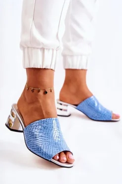 Damskie Boto Skórzane Klapki Damskie Wzór Krokodyl Na Obcasie Niebieskie Perry