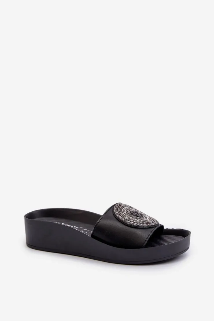 New Damskie buty S.Barski Skórzane Klapki Damskie Z Ozdobą S.Barski KV27-019 Czarne