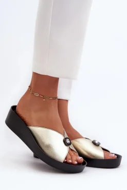 Damskie buty S.Barski Klapki Na Koturnie|Klapki Damskie Klasyczne*Skórzane Klapki Damskie Z Ozdobą Złote S.Barski KV27-027