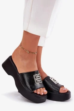 Buty damskie Vinceza Klapki Na Koturnie|Klapki Na Platformie*Skórzane Klapki Damskie Z Ozdobą Vinceza 79526 Czarne Czarny