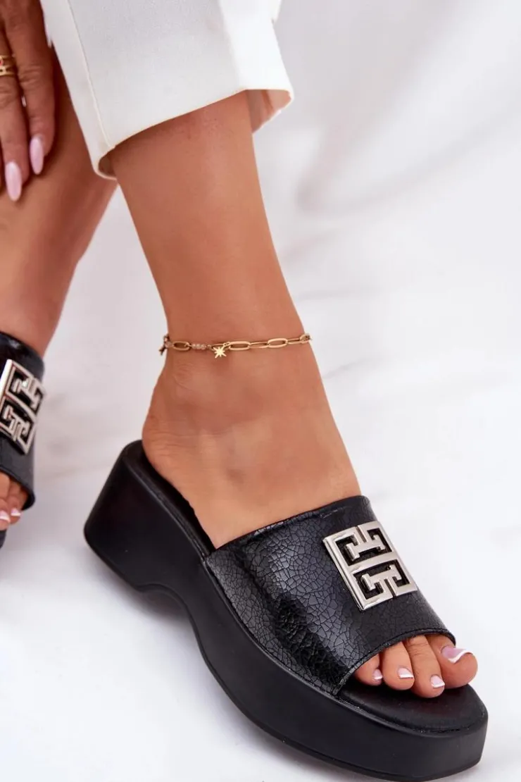 Buty damskie Vinceza Klapki Na Koturnie|Klapki Na Platformie*Skórzane Klapki Damskie Z Ozdobą Vinceza 79526 Czarne Czarny