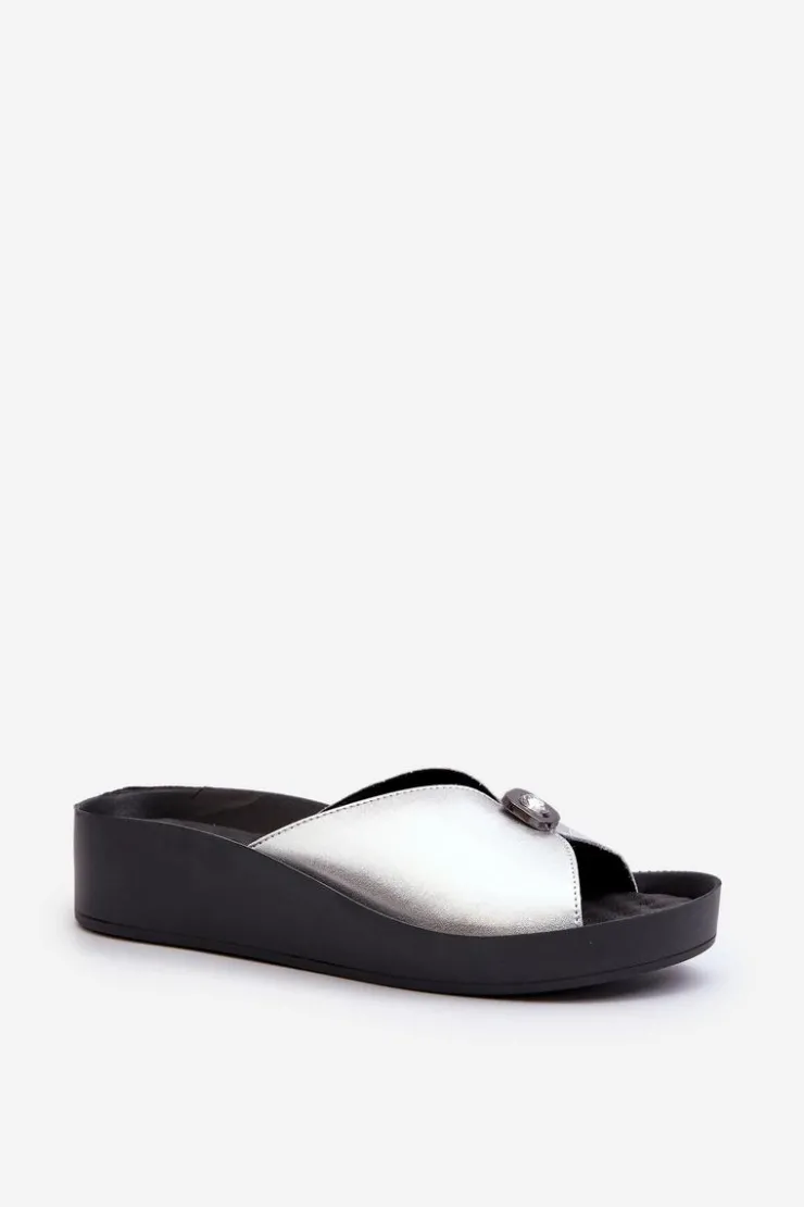 Damskie Damskie buty S.Barski Skórzane Klapki Damskie Z Ozdobą Srebrne S.Barski KV27-027