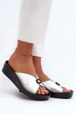 Damskie Damskie buty S.Barski Skórzane Klapki Damskie Z Ozdobą Srebrne S.Barski KV27-027