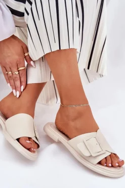 Damskie buty S.Barski Klapki Damskie Klasyczne*Skórzane Klapki Damskie Z Klamrą D&A SJ2302-01 Beżowe Beżowy