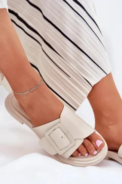 Damskie buty S.Barski Klapki Damskie Klasyczne*Skórzane Klapki Damskie Z Klamrą D&A SJ2302-01 Beżowe Beżowy