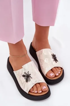 New Buty damskie Vinceza Skórzane Klapki Damskie Z Broszką Vinceza 66752 Beżowe