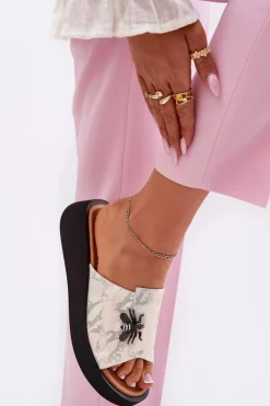 New Buty damskie Vinceza Skórzane Klapki Damskie Z Broszką Vinceza 66752 Beżowe