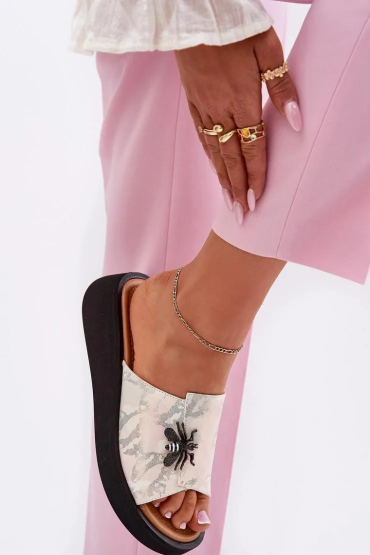 New Buty damskie Vinceza Skórzane Klapki Damskie Z Broszką Vinceza 66752 Beżowe