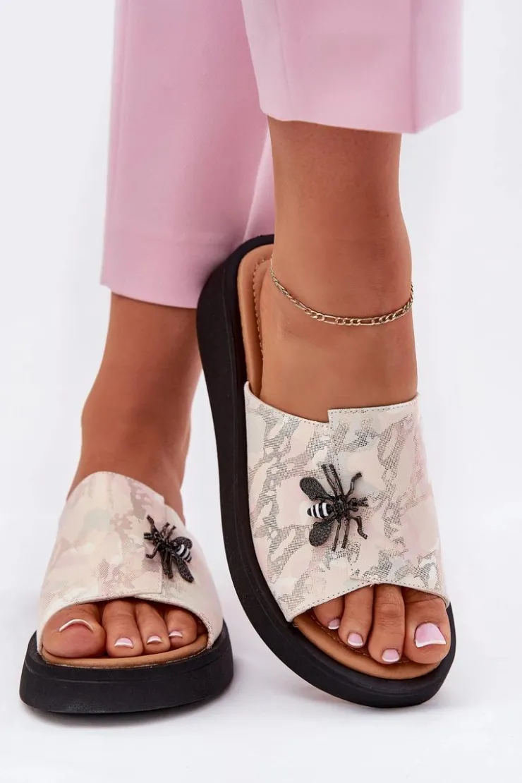 New Buty damskie Vinceza Skórzane Klapki Damskie Z Broszką Vinceza 66752 Beżowe