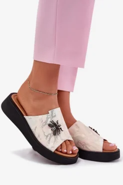 New Buty damskie Vinceza Skórzane Klapki Damskie Z Broszką Vinceza 66752 Beżowe