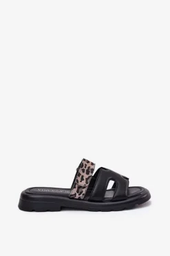 Buty damskie Vinceza Klapki Damskie Klasyczne*Skórzane Klapki Damskie Z Rzepem Panterka Vinceza 66769 Czarne Czarny
