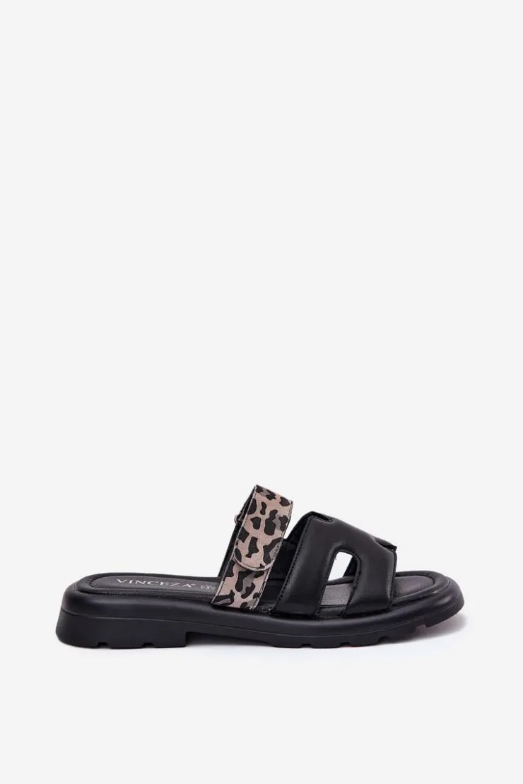 Buty damskie Vinceza Klapki Damskie Klasyczne*Skórzane Klapki Damskie Z Rzepem Panterka Vinceza 66769 Czarne Czarny