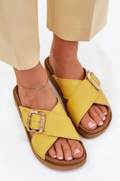 New INBLU Skórzane Klapki Damskie Z Klamrą ED0003IU Żółte Żółty