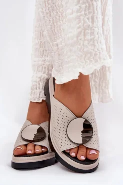 Damskie buty S.Barski Klapki Na Koturnie|Klapki Na Platformie*Skórzane Klapki Damskie Z Ozdobą S.Barski LR51-662 Beżowe