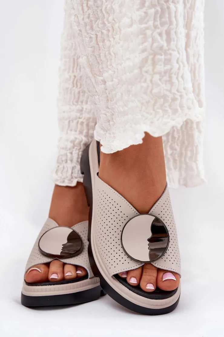 Damskie buty S.Barski Klapki Na Koturnie|Klapki Na Platformie*Skórzane Klapki Damskie Z Ozdobą S.Barski LR51-662 Beżowe