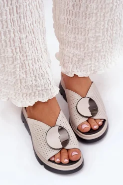 Damskie buty S.Barski Klapki Na Koturnie|Klapki Na Platformie*Skórzane Klapki Damskie Z Ozdobą S.Barski LR51-662 Beżowe