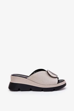 Damskie buty S.Barski Klapki Na Koturnie|Klapki Na Platformie*Skórzane Klapki Damskie Z Ozdobą S.Barski LR51-662 Beżowe