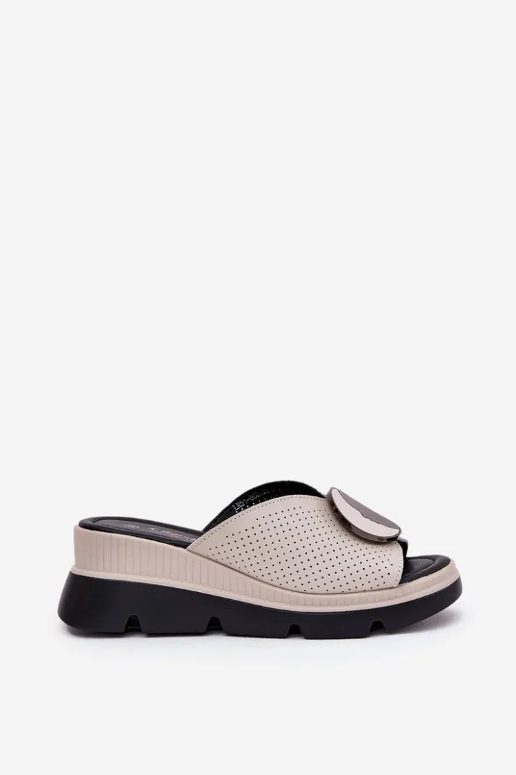 Damskie buty S.Barski Klapki Na Koturnie|Klapki Na Platformie*Skórzane Klapki Damskie Z Ozdobą S.Barski LR51-662 Beżowe