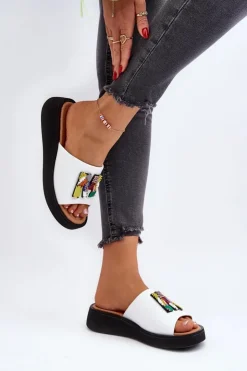 Buty damskie Vinceza Klapki Na Platformie|Klapki Damskie Klasyczne*Skórzane Klapki Damskie Z Ozdobą Białe Asames Biały