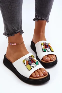 Buty damskie Vinceza Klapki Na Platformie|Klapki Damskie Klasyczne*Skórzane Klapki Damskie Z Ozdobą Białe Asames Biały