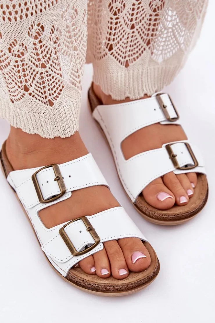 Online INBLU Skórzane Klapki Damskie Z Klarami AA0002KU Białe