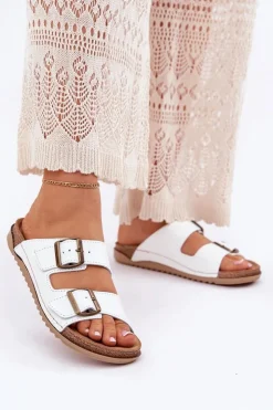 Online INBLU Skórzane Klapki Damskie Z Klarami AA0002KU Białe